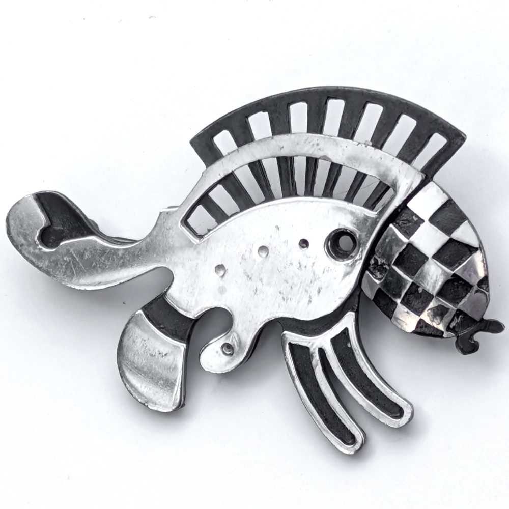 Vintage Sterling Silver Modernist Brooch Fish Frog Quirky Studio Piece